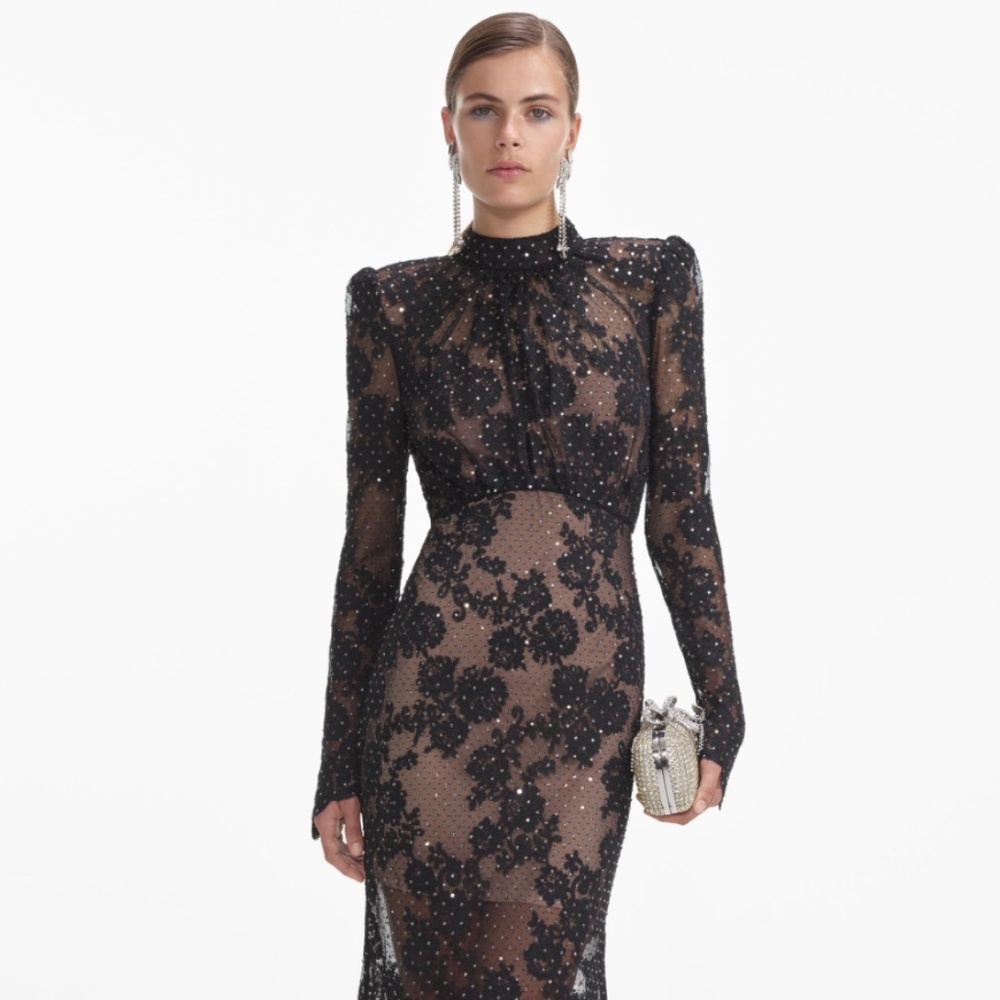 self-portrait Black Rhinestone Lace Maxi Dress Size US4 - MSRP $870 - NWT